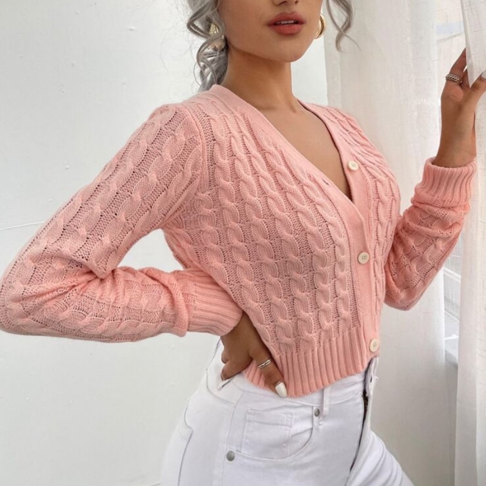 Pink Cable Knit Button Cardigan